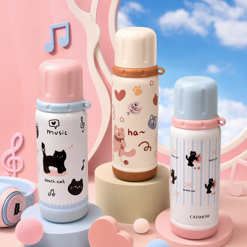 Cute cat-patterned thermos cup, multi-color lid, white bottle body, heat-resistant and heat-insulating portable student office gift Specification image