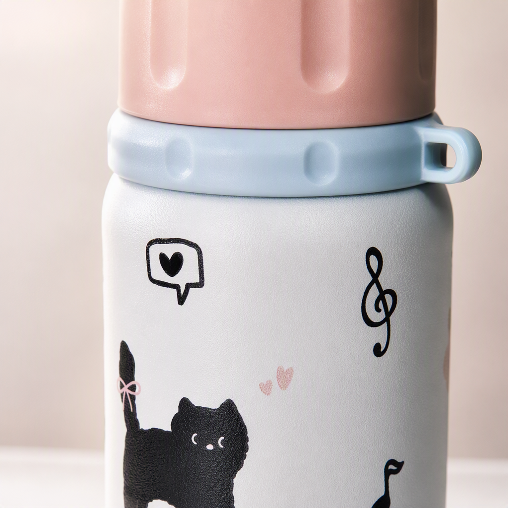 Cute cat-patterned thermos cup, multi-color lid, white bottle body, heat-resistant and heat-insulating portable student office gift Application Scenario