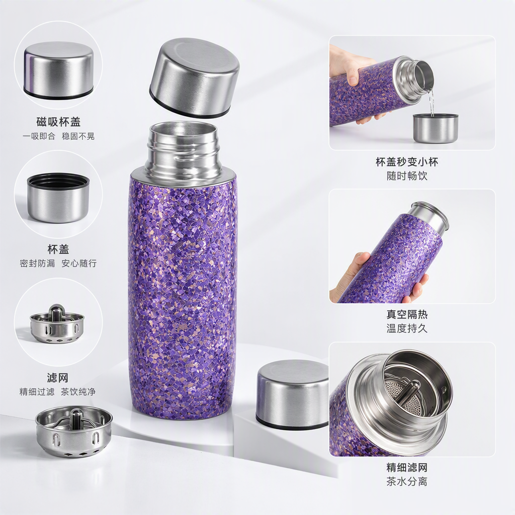 The purple-spotted cup body paired with silver accessories creates a creative water cup that is portable, fashionable and trendy as a gift