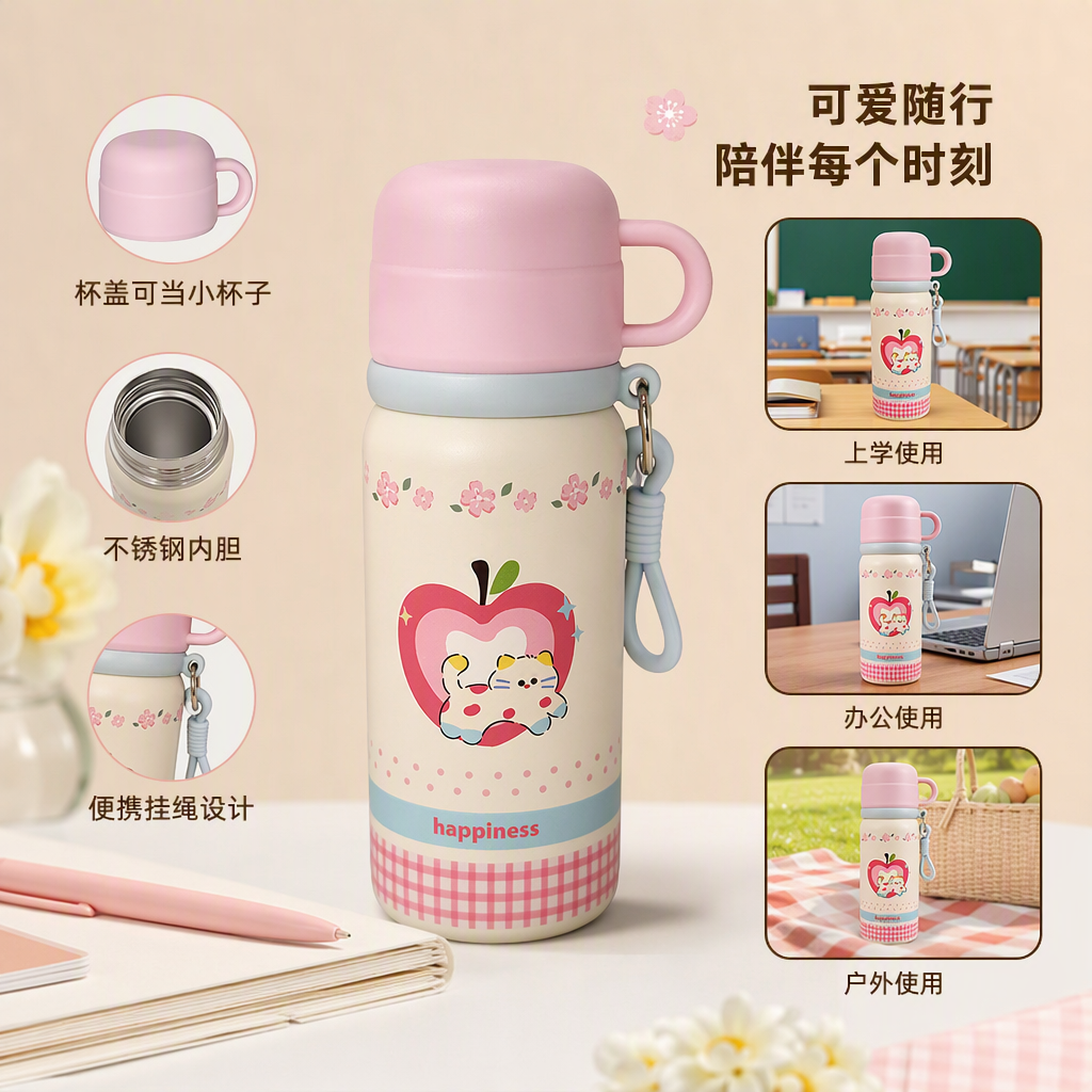 Pink lid water cup with apple cat pattern and the word "Happiness", fashionable, portable and heat-resistant student creative water cup
