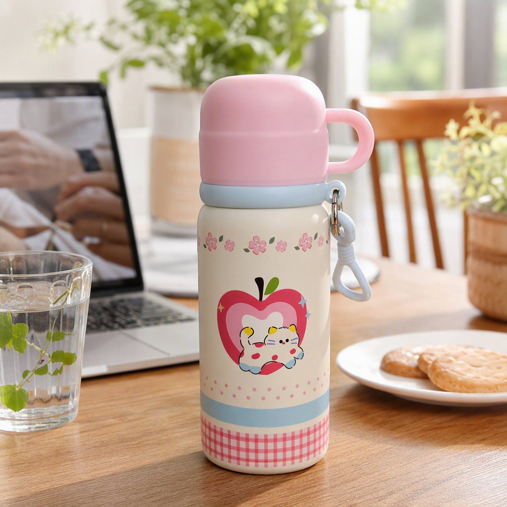Pink lid water cup with apple cat pattern and the word "Happiness", fashionable, portable and heat-resistant student creative water cup details Picture