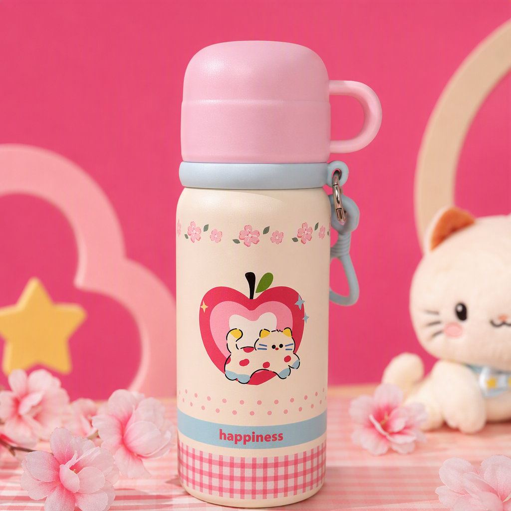 Pink lid water cup with apple cat pattern and the word "Happiness", fashionable, portable and heat-resistant student creative water cup Specification image