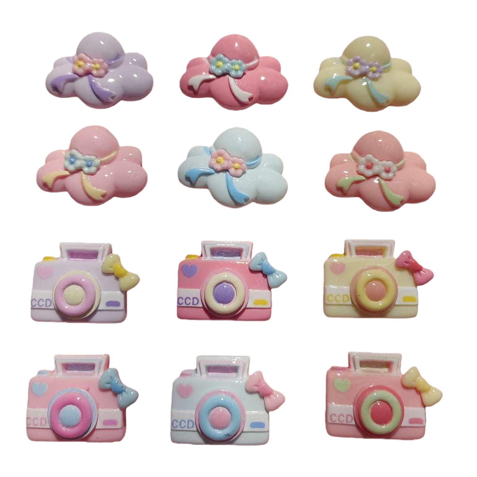 Pink background cloud camera-shaped accessories in purple, pink and yellow with small flower bows in a retro style Item Picture
