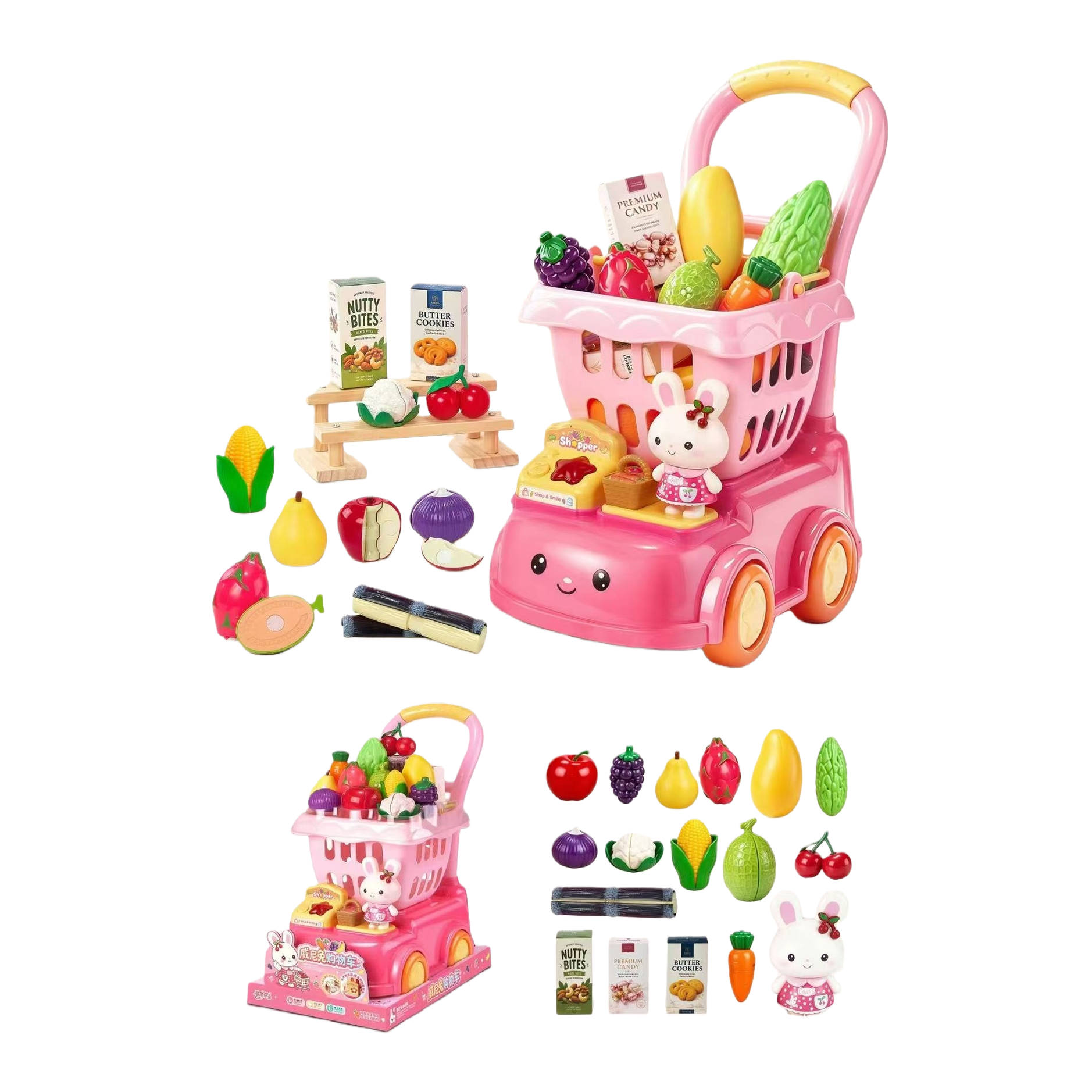 Rosa veney conejo niños carrito de compras conjunto con cara sonriente cabeza naranja ruedas amarillo mango emulación frutas y verduras caja cero conejo muñeca pasar el hogar juguetes Item Picture