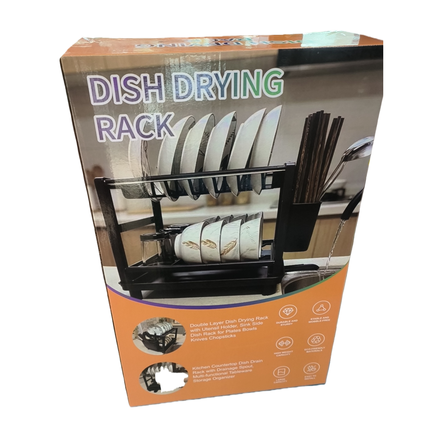 The multi-functional kitchen draining rack is designed with a double-layer structure, featuring a tableware sink, side-mounted storage for plates, bowls, knives, forks, chopsticks, and a storage rack Item Picture
