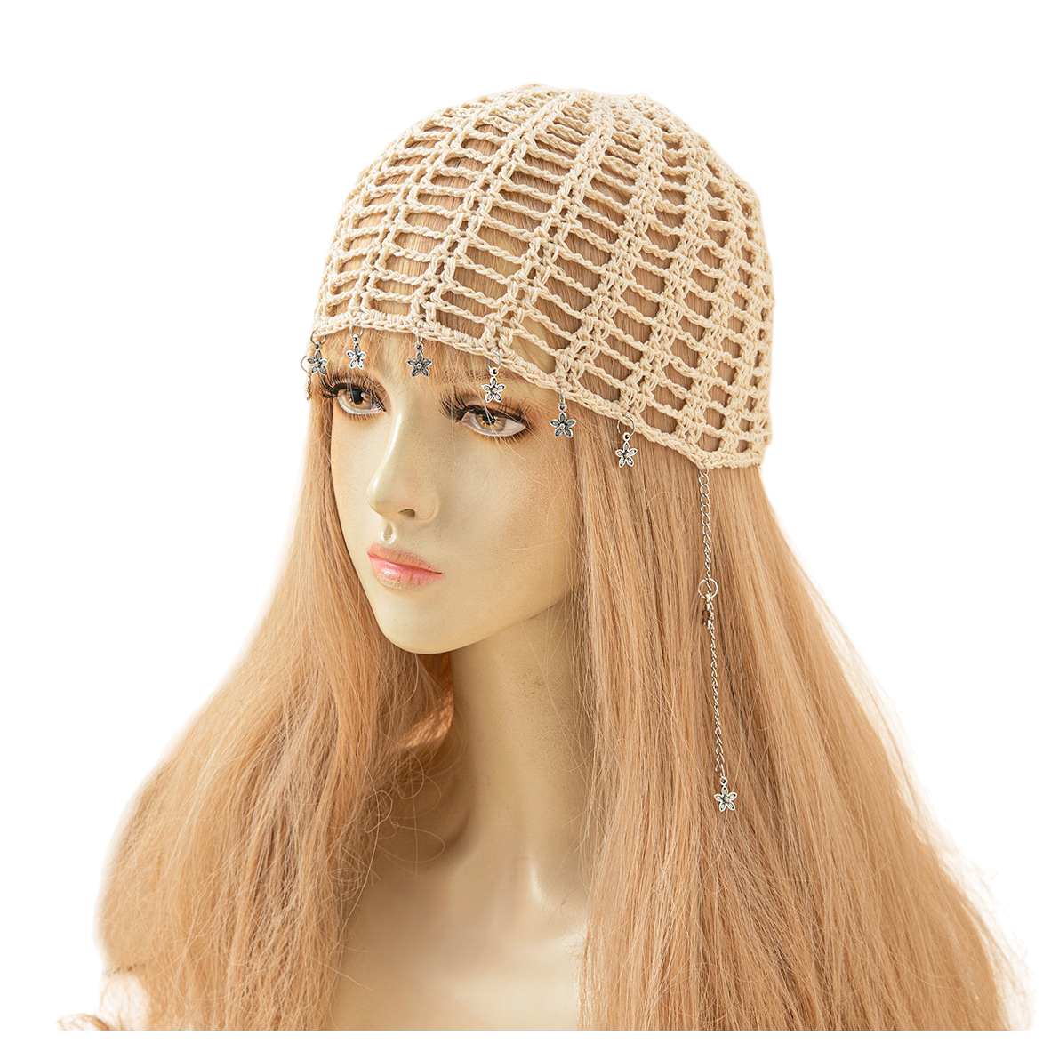 Beige crochet hair band with flower pendant, wig, model headwear, hand-woven hair accessory, fashionable and versatile Item Picture