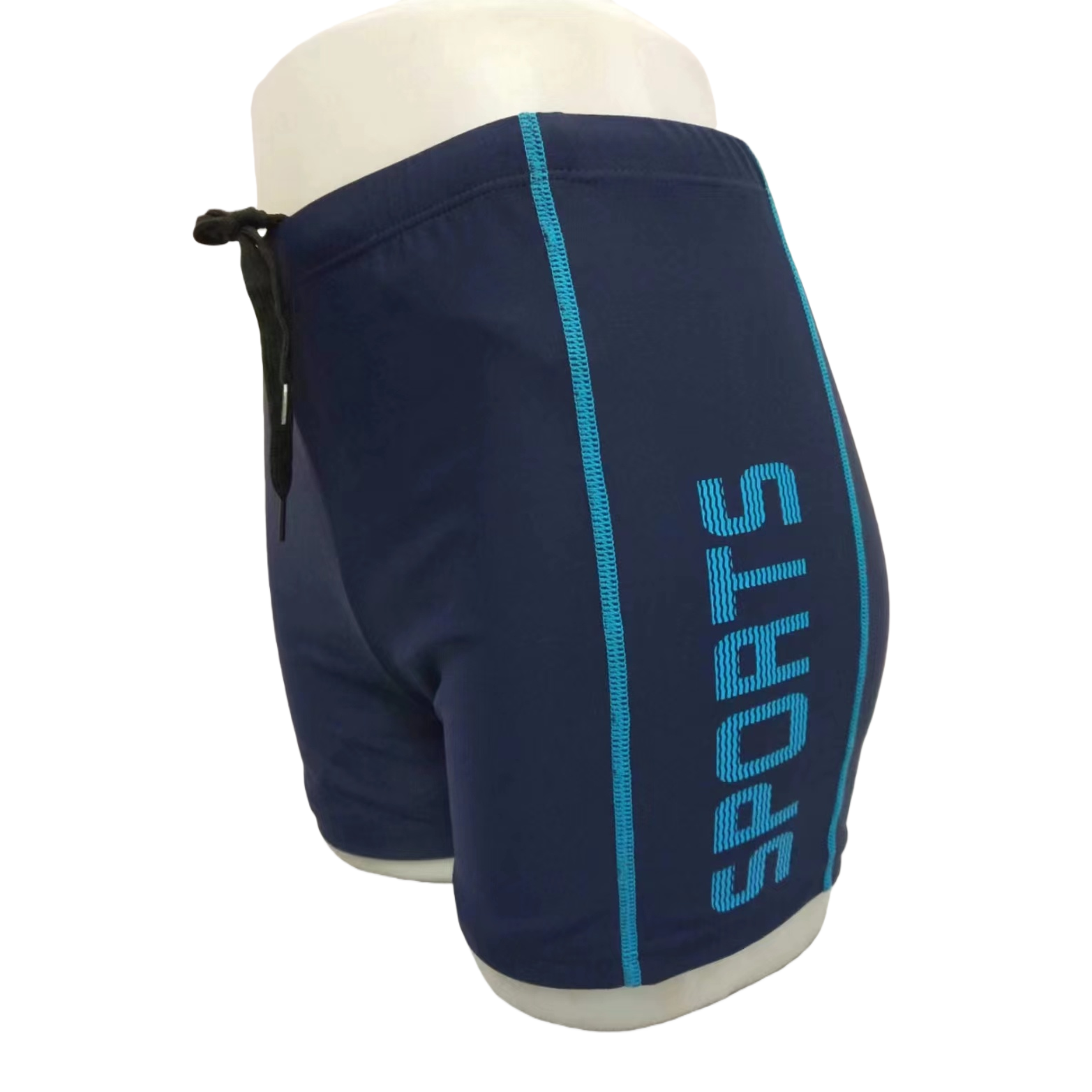 Pantalones cortos de deporte azul oscuro hombre casual transpirable lateral rayas azul claro palabras negro drawstring pantalones de deporte Item Picture