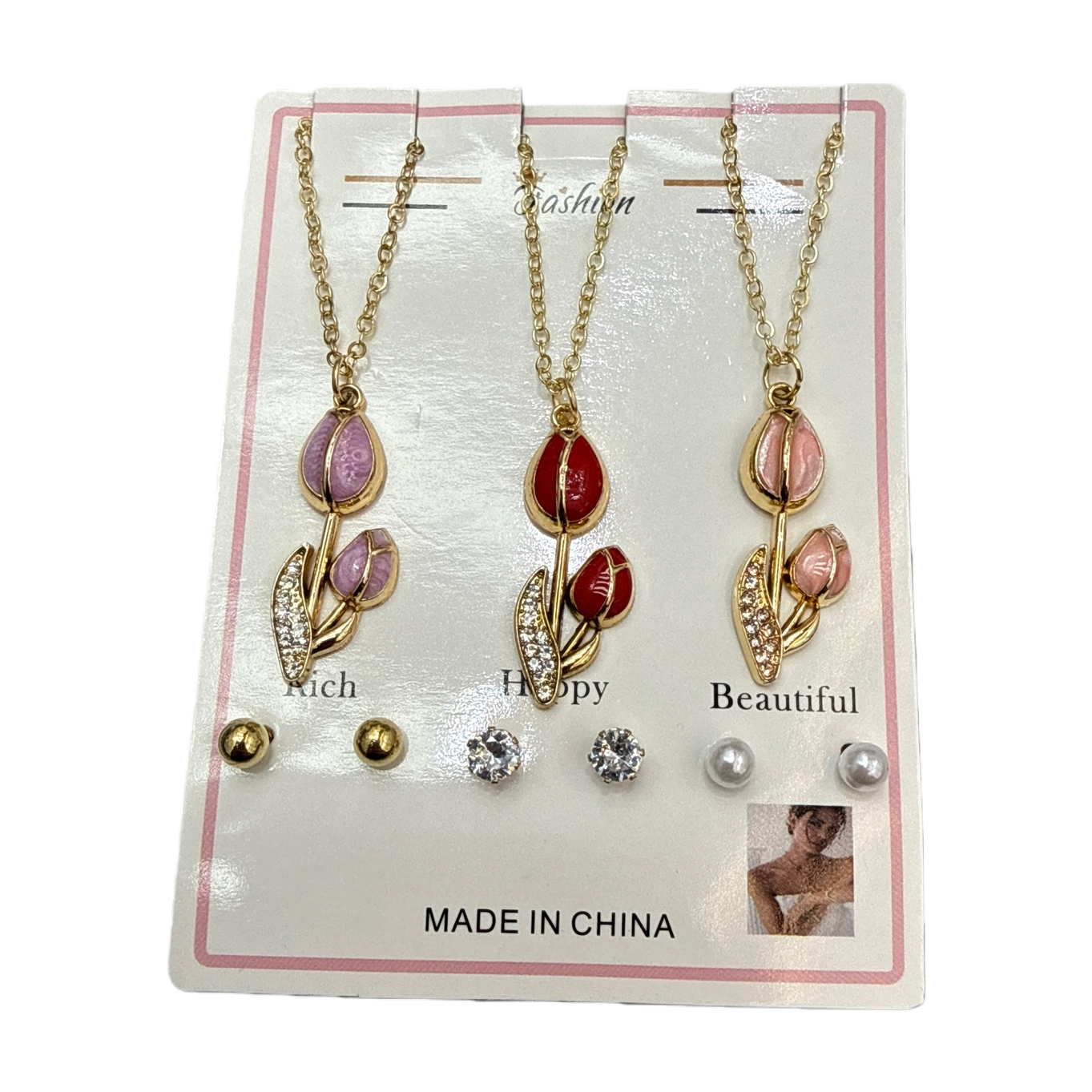 Golden tulip-shaped necklace stud set, purple-red and pink main pendant with card accessory gift Item Picture
