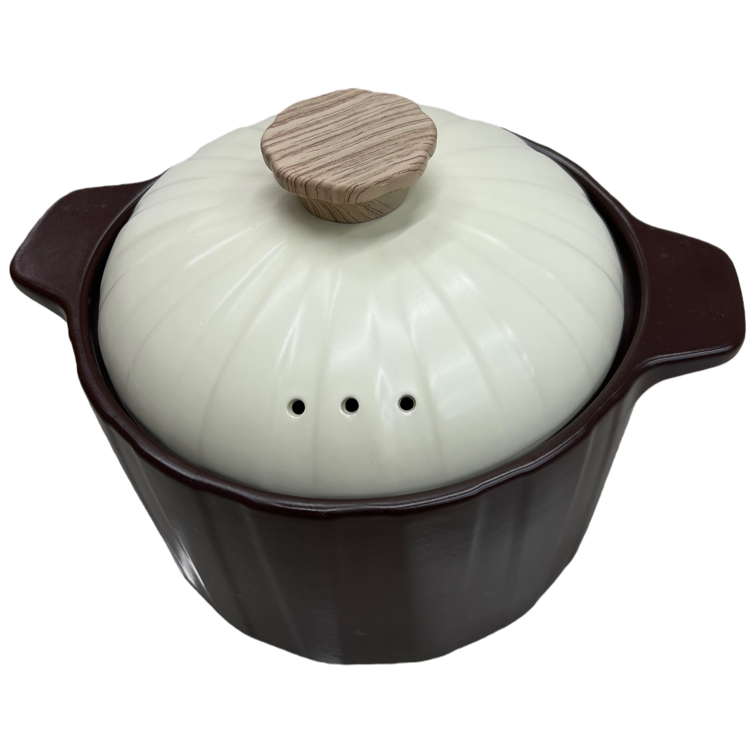 This dark brown ceramic pot with a beige textured lid is a household kitchen soup pot that is heat-resistant and durable Item Picture