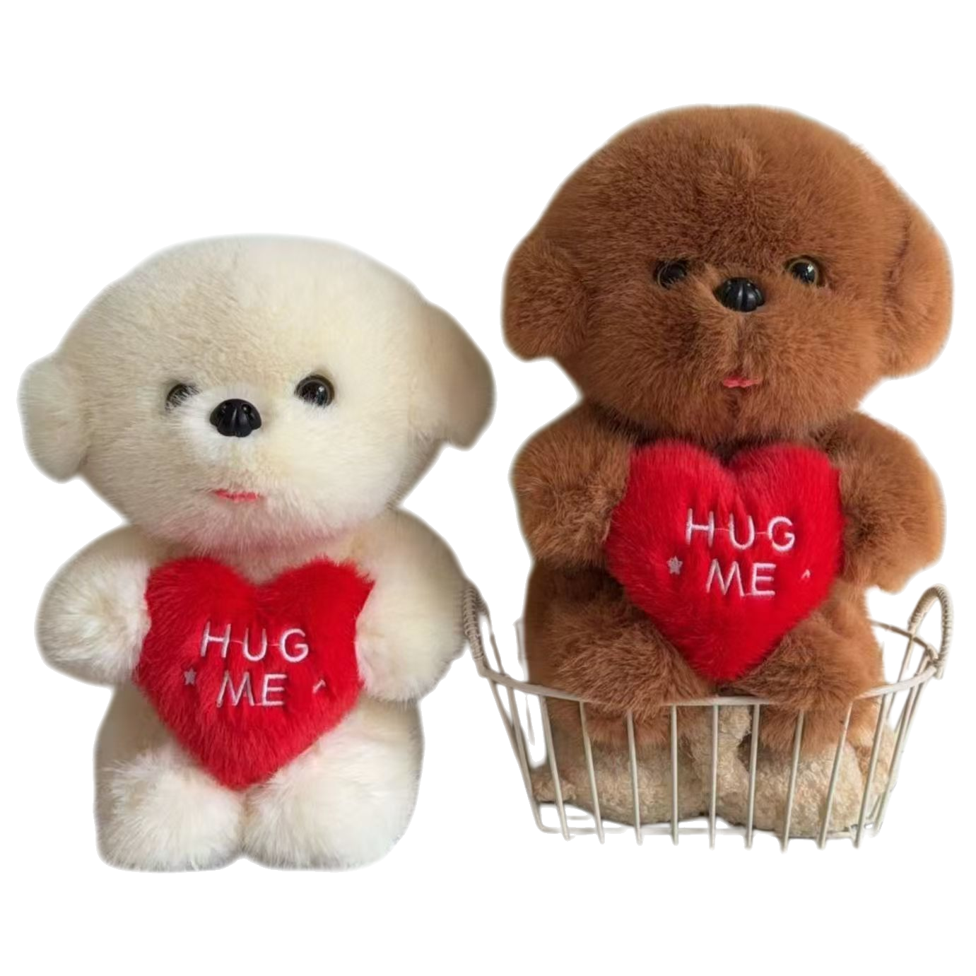 A cute white plush dog doll, a heart-shaped pillow, a brown plush dog sitting in a white iron basket as a companion gift Item Picture