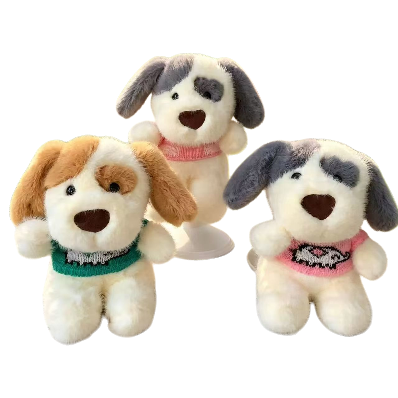 Three plush puppy dolls wearing knitted sweaters, sitting in a grass tent with a flower basket background, are soft and cute children's toy gifts Item Picture
