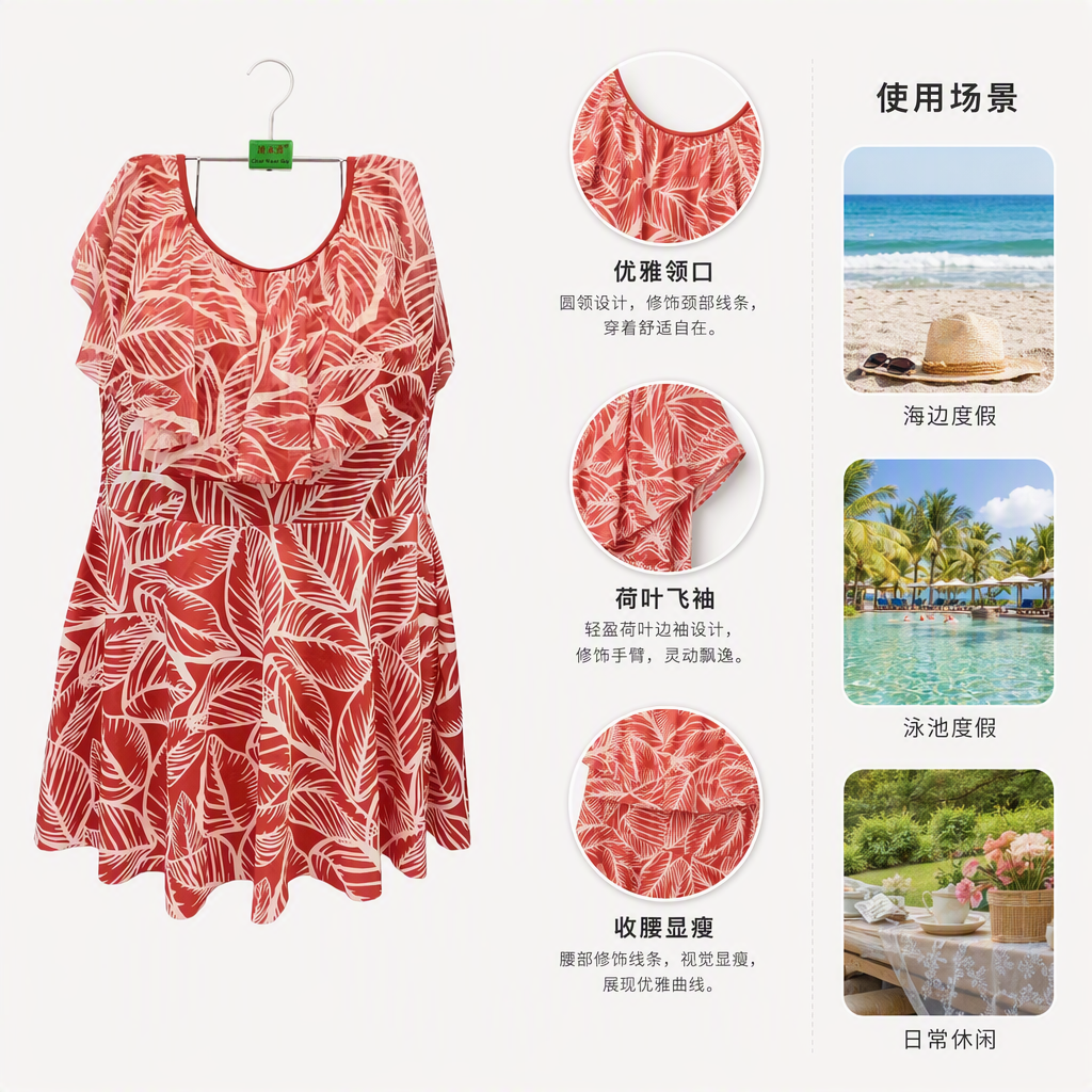 Moda impresa vestido largo verano nuevo elegante temperamento versátil slim rojo tropical hoja patrón vestido