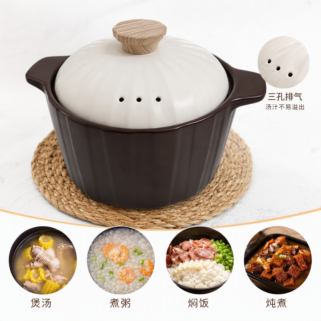 This dark brown ceramic pot with a beige textured lid is a household kitchen soup pot that is heat-resistant and durable