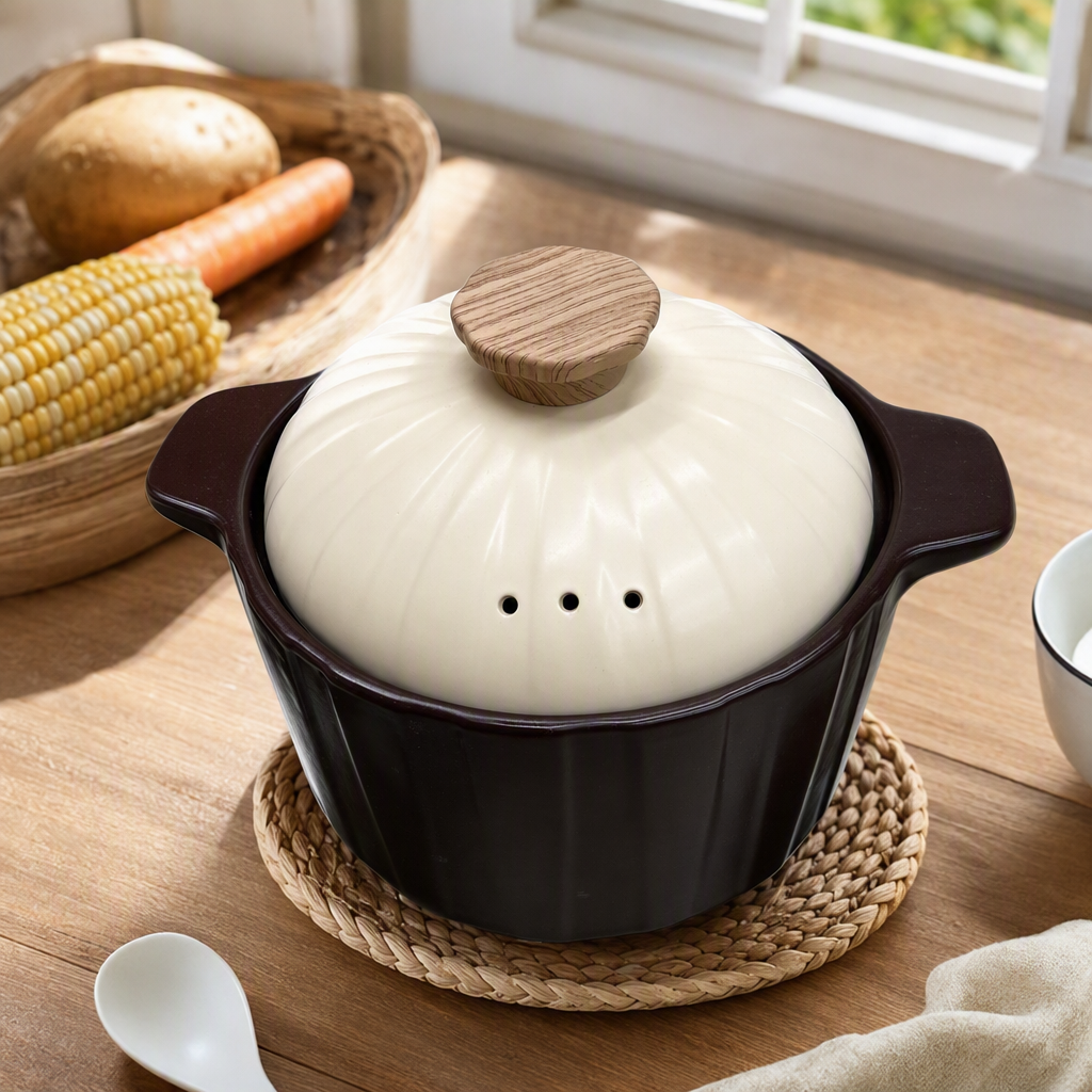 This dark brown ceramic pot with a beige textured lid is a household kitchen soup pot that is heat-resistant and durable details Picture