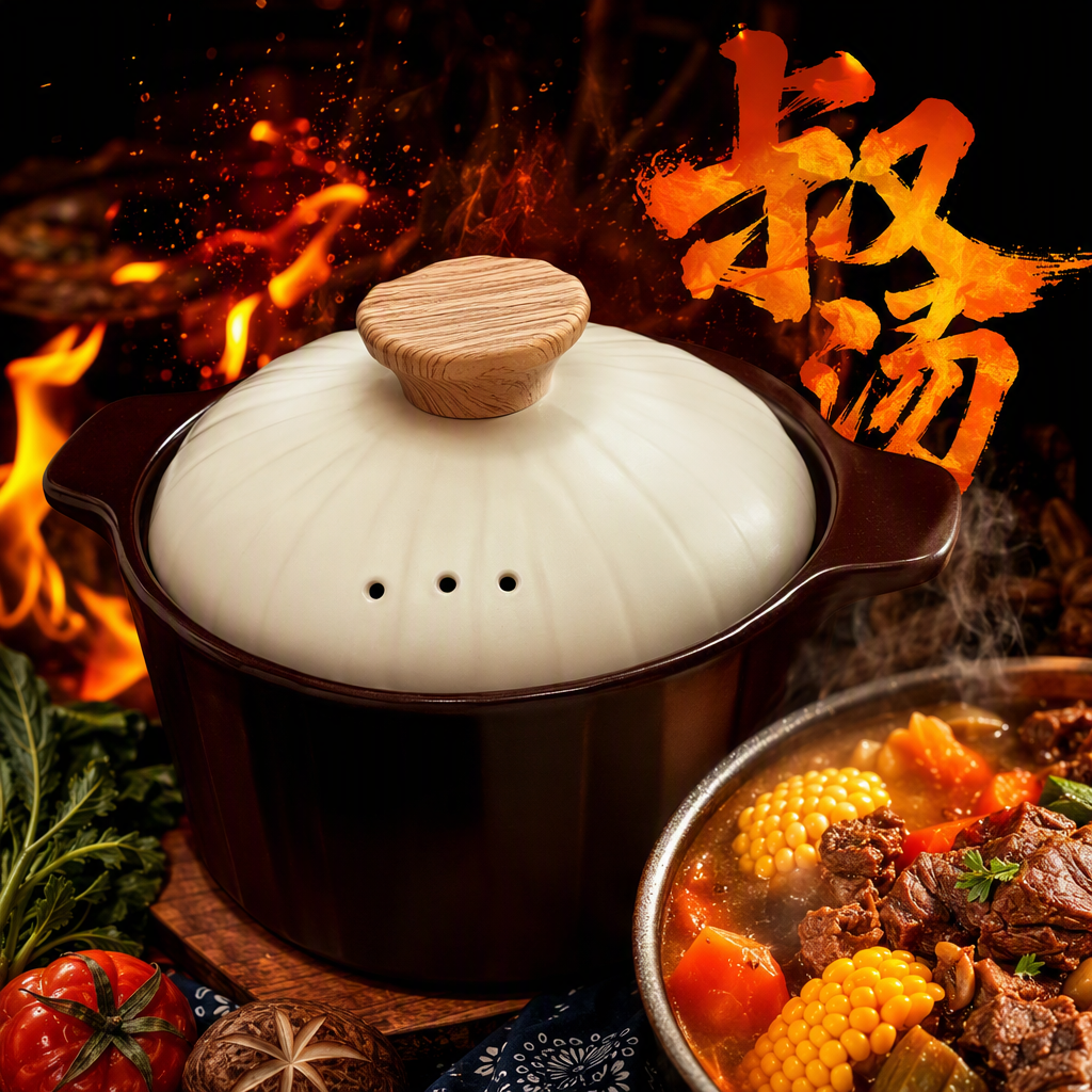 This dark brown ceramic pot with a beige textured lid is a household kitchen soup pot that is heat-resistant and durable Specification image