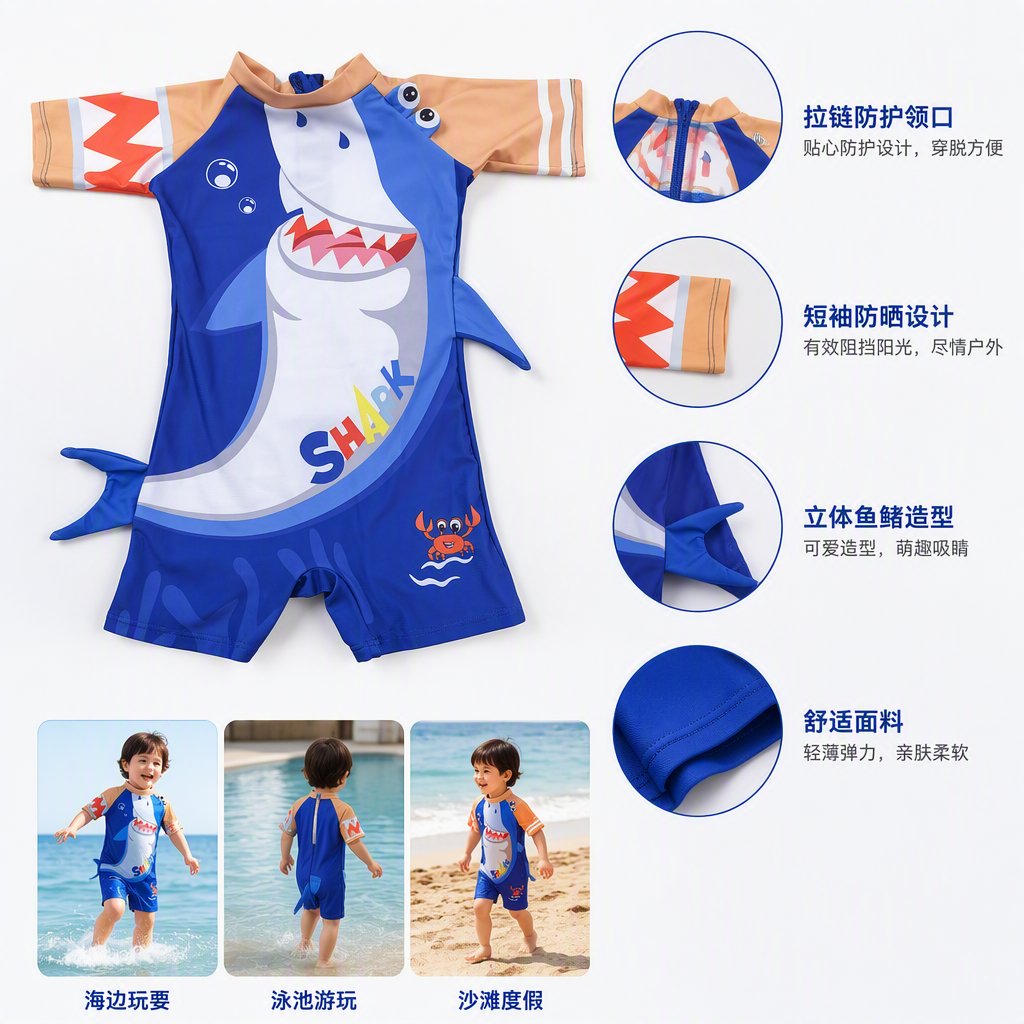 New cartoon shark pattern waterproof and sun-proof baby swimsuits for boys and girls in summer, trendy style full image