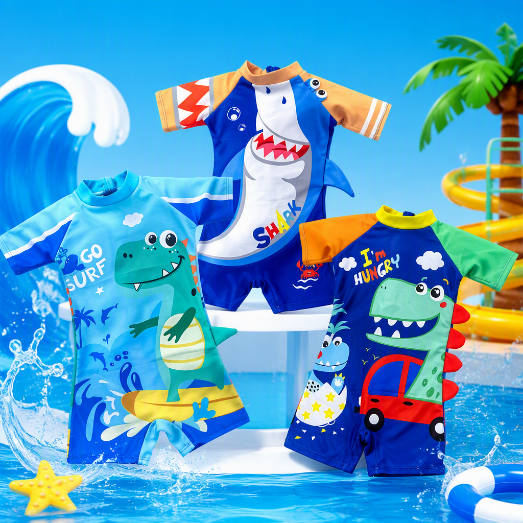 New cartoon shark pattern waterproof and sun-proof baby swimsuits for boys and girls in summer, trendy style Specification image