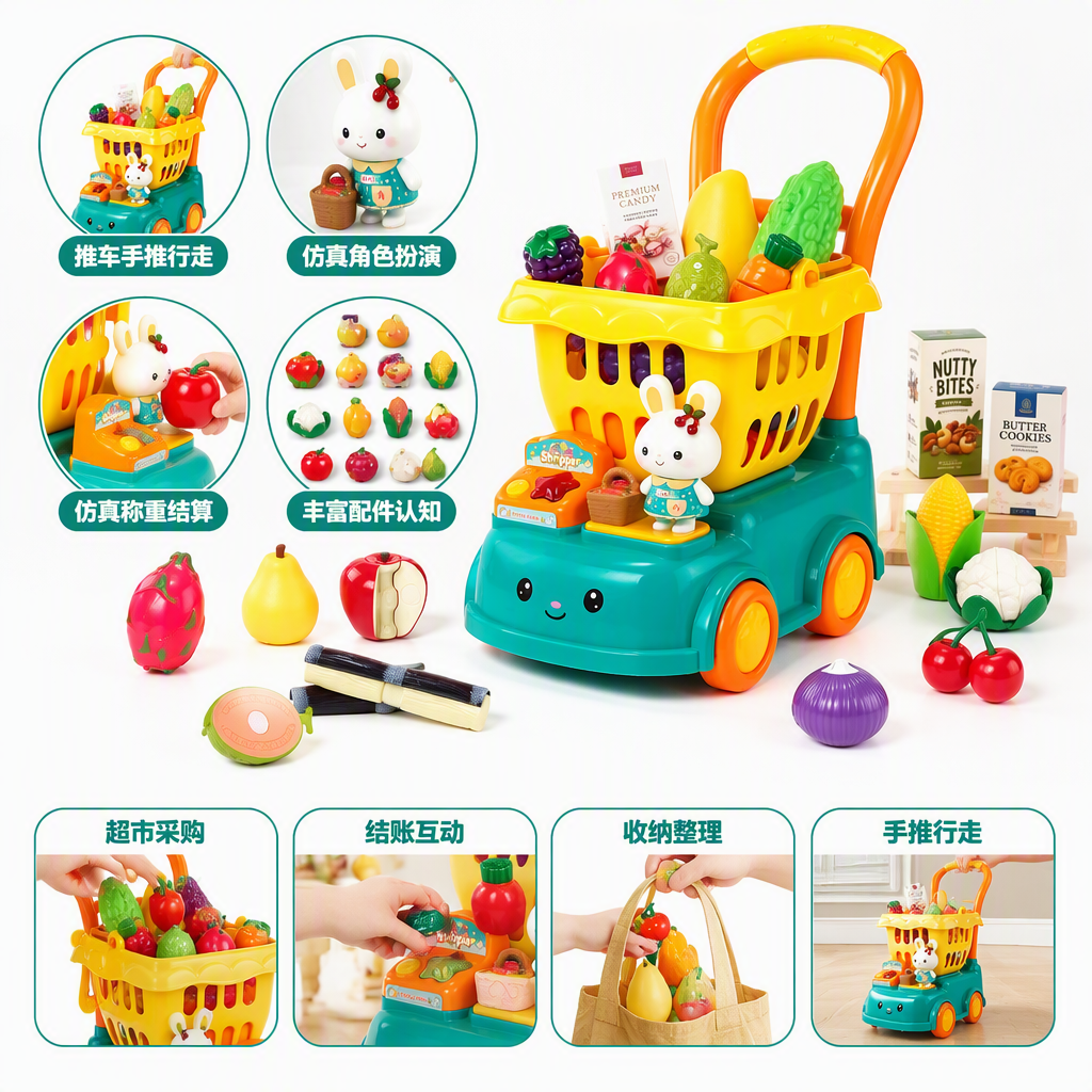 Juguete del carro de la compra del conejo de color cesta amarilla cuerpo verde mango naranja cara sonriente cabeza del conejo blanco picoteador plástico fruta vegetal caja de comida cero juguetes educativos para niños
