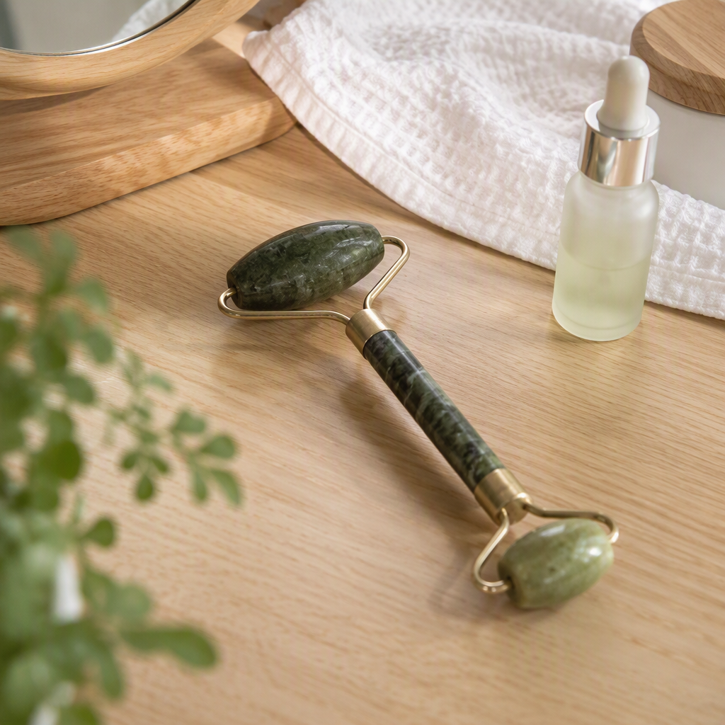 Green jade massage roller, double-head design, metal handle, transparent packaging, colorful background card paper beauty massage tool details Picture