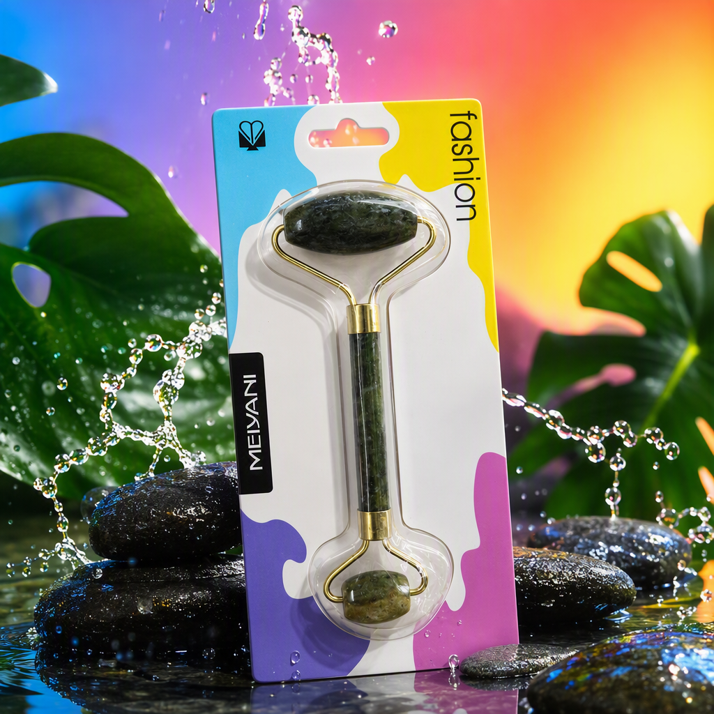 Green jade massage roller, double-head design, metal handle, transparent packaging, colorful background card paper beauty massage tool Specification image