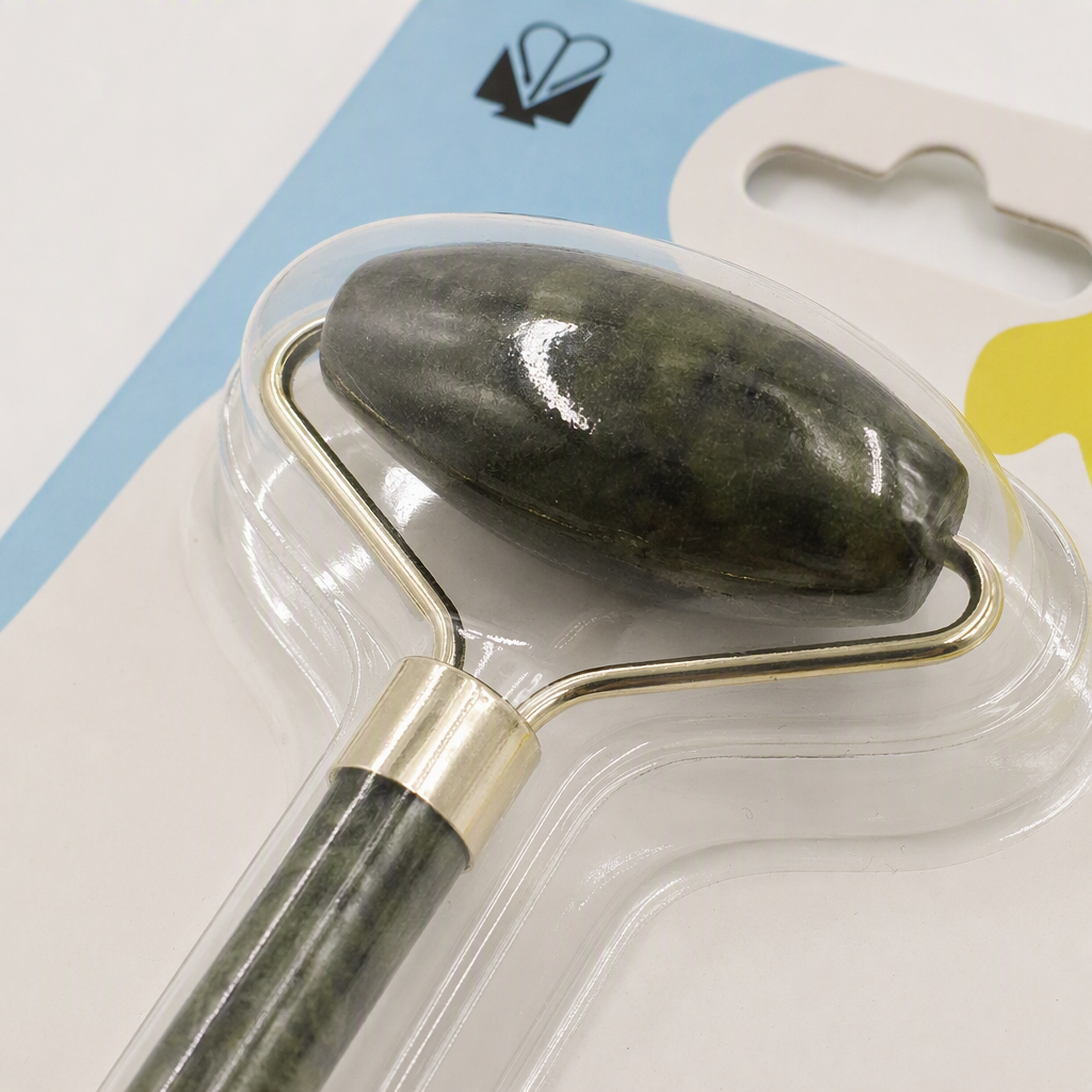 Green jade massage roller, double-head design, metal handle, transparent packaging, colorful background card paper beauty massage tool Application Scenario