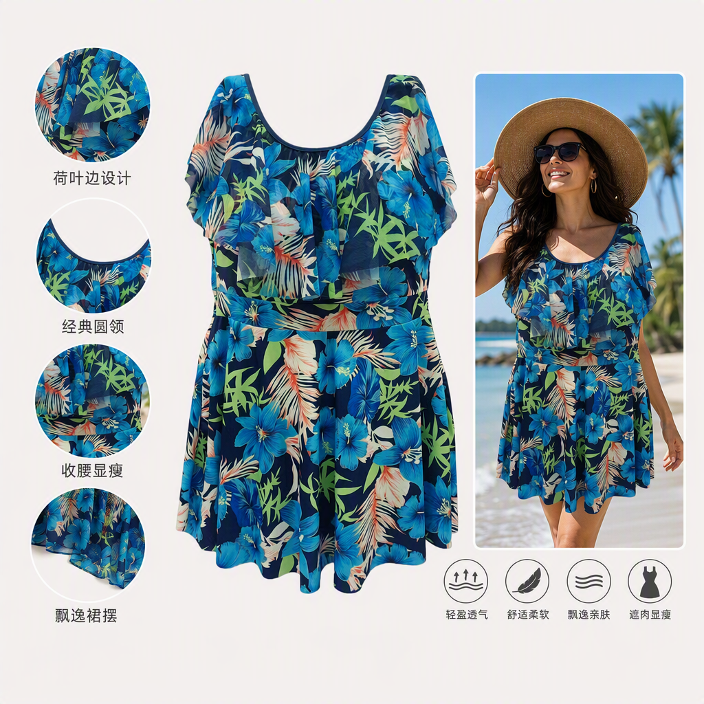 Fashionable blue tropical floral pattern one-piece swimsuit, comfortable and slimming, sun-proof and waterproof swimsuit for women