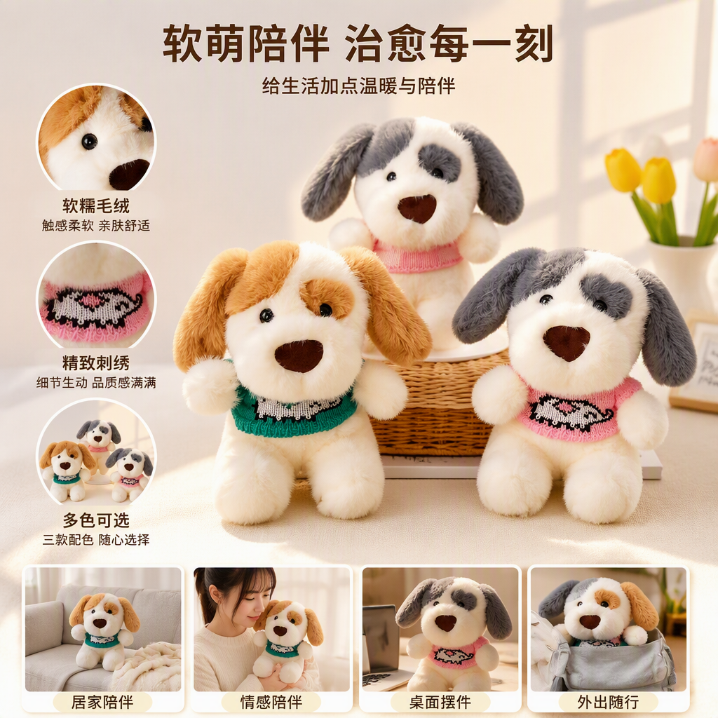 Three plush puppy dolls wearing knitted sweaters, sitting in a grass tent with a flower basket background, are soft and cute children's toy gifts