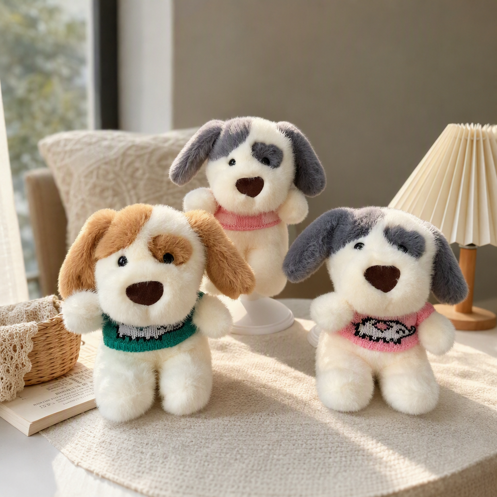 Three plush puppy dolls wearing knitted sweaters, sitting in a grass tent with a flower basket background, are soft and cute children's toy gifts details Picture