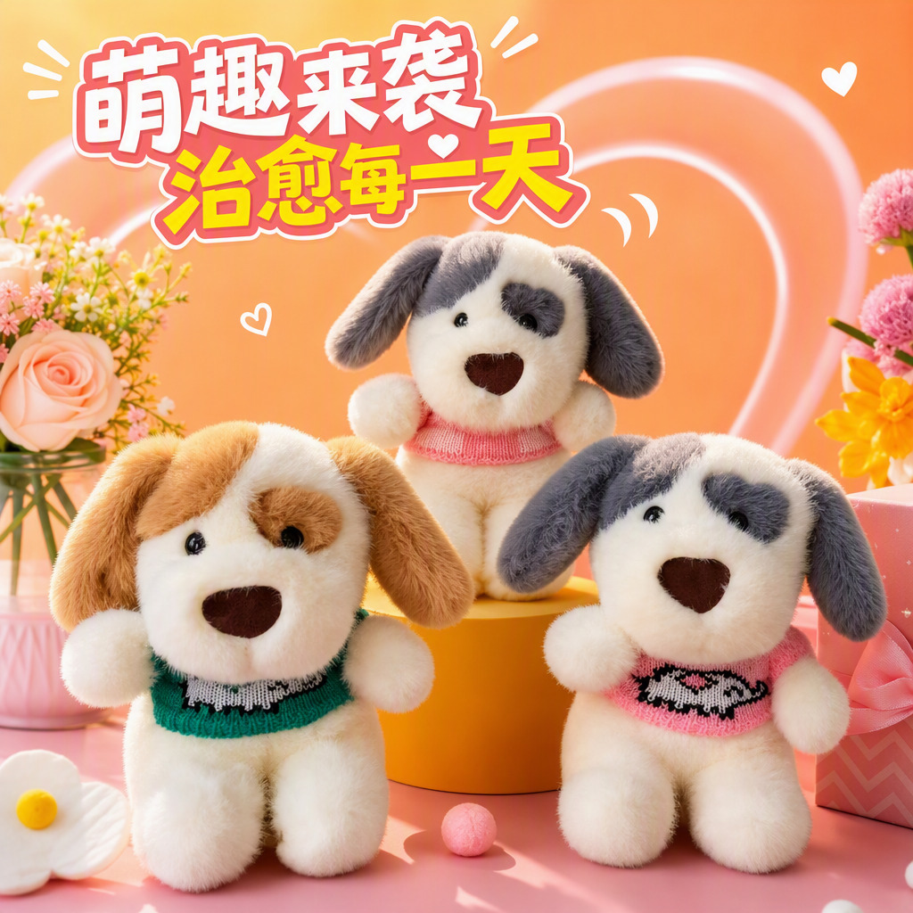 Three plush puppy dolls wearing knitted sweaters, sitting in a grass tent with a flower basket background, are soft and cute children's toy gifts Specification image