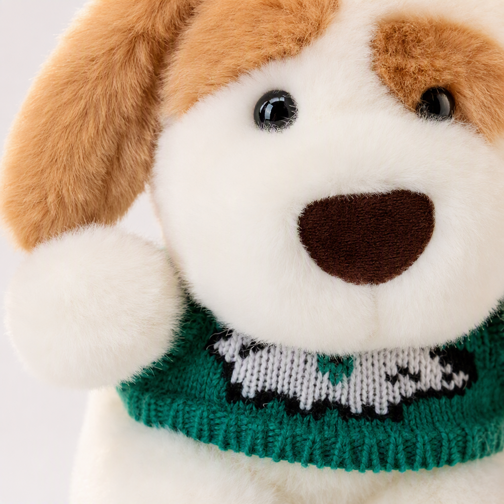 Three plush puppy dolls wearing knitted sweaters, sitting in a grass tent with a flower basket background, are soft and cute children's toy gifts Application Scenario