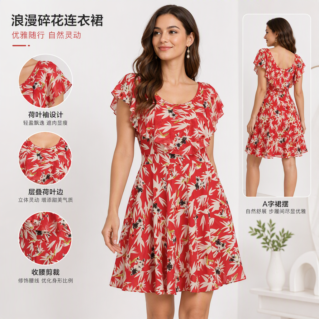 Moda elegante rojo floral patrón vestido largo temperamento slim verano nuevo vestido de mujer estilo de tendencia