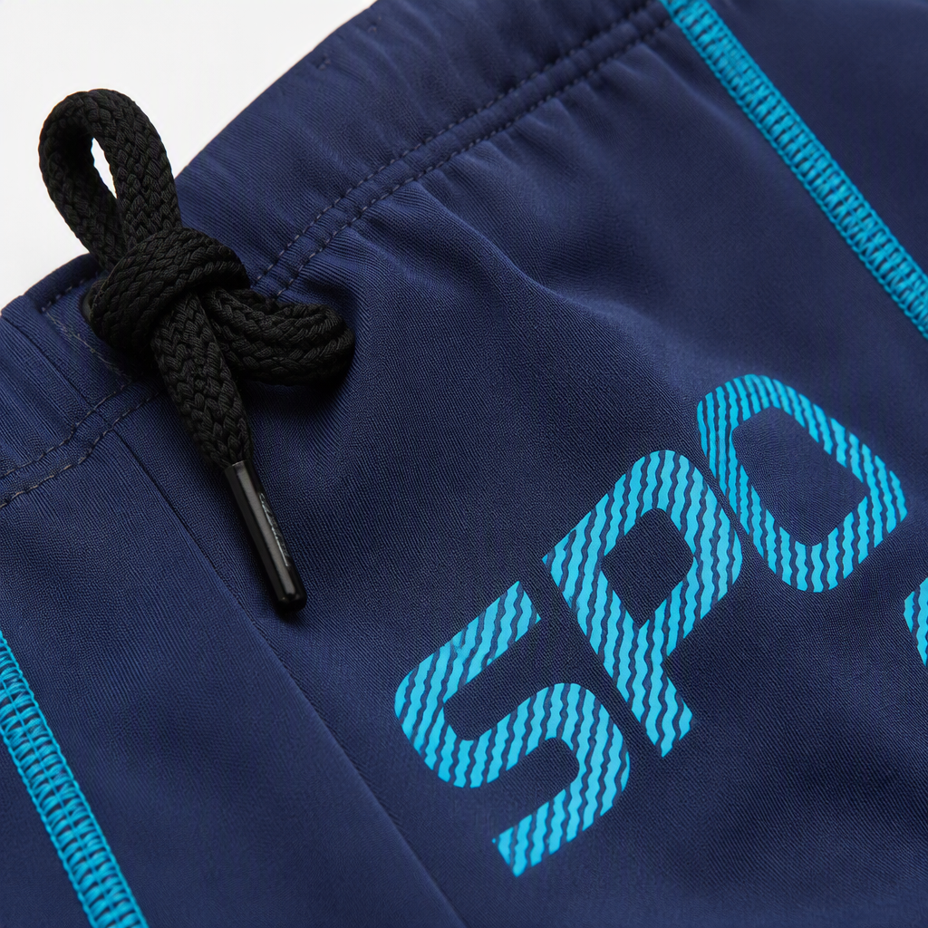 Pantalones cortos de deporte azul oscuro hombre casual transpirable lateral rayas azul claro palabras negro drawstring pantalones de deporte Application Scenario