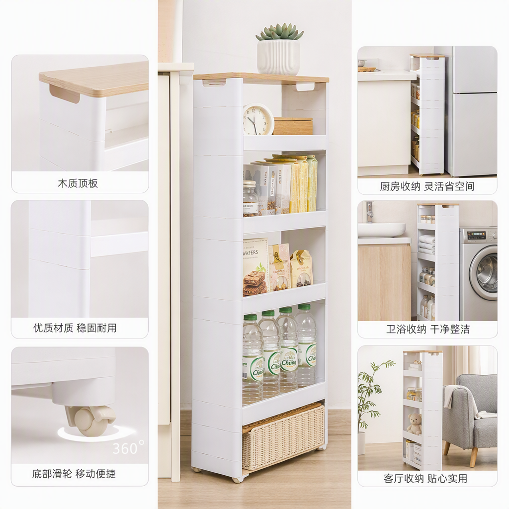 【CL】26Q3#6256-3 White multi-layer storage rack, tripod, trolley, fruit plate, wooden display rack, multi-functional storage and organization rack Specification image