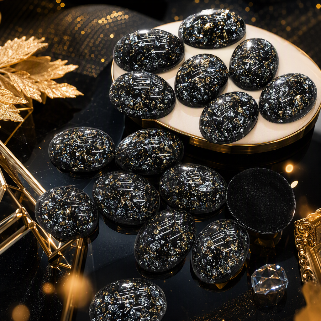 High-end, personalized and trendy accessories with fashionable black oval gemstones and gold and silver foil pieces Specification image