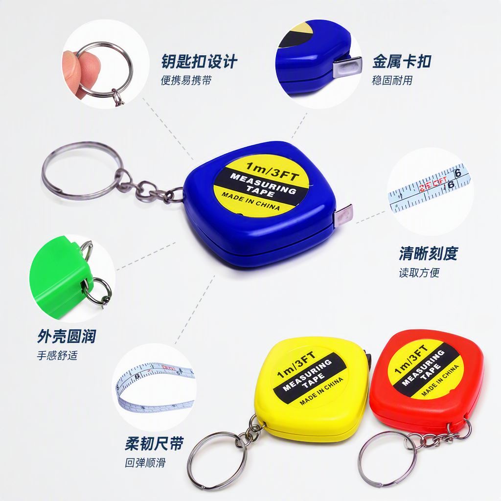 多彩创意便携钥匙挂饰多功能测量卷尺钥匙链卡通迷你尺子礼品