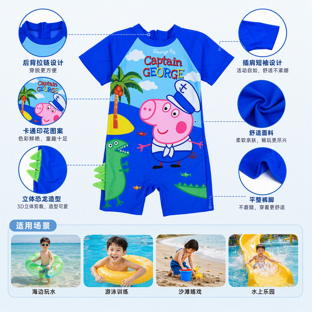 Peppa Cartoon one-piece swimsuit sailor suit with printed green dinosaur, little fish and palm tree design is suitable for children's summer swimming suits