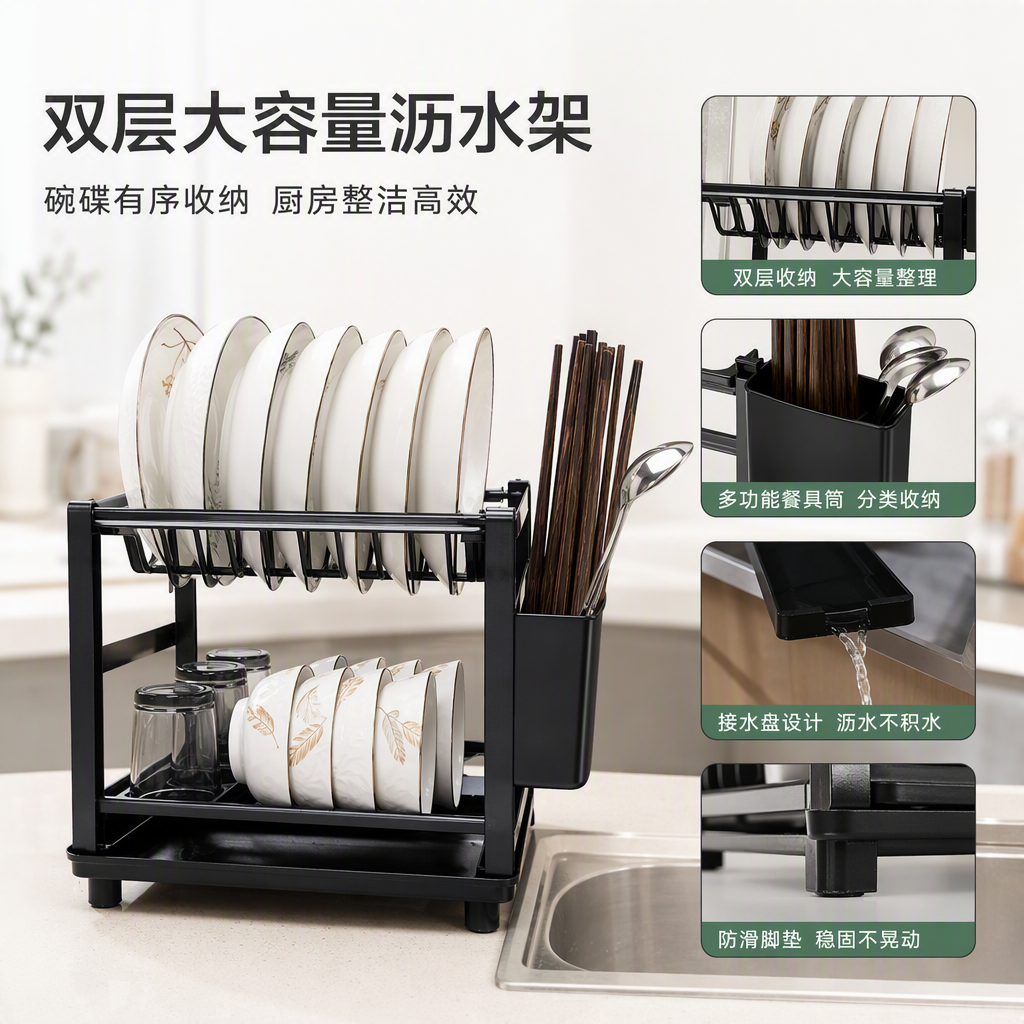 The multi-functional kitchen draining rack is designed with a double-layer structure, featuring a tableware sink, side-mounted storage for plates, bowls, knives, forks, chopsticks, and a storage rack full image