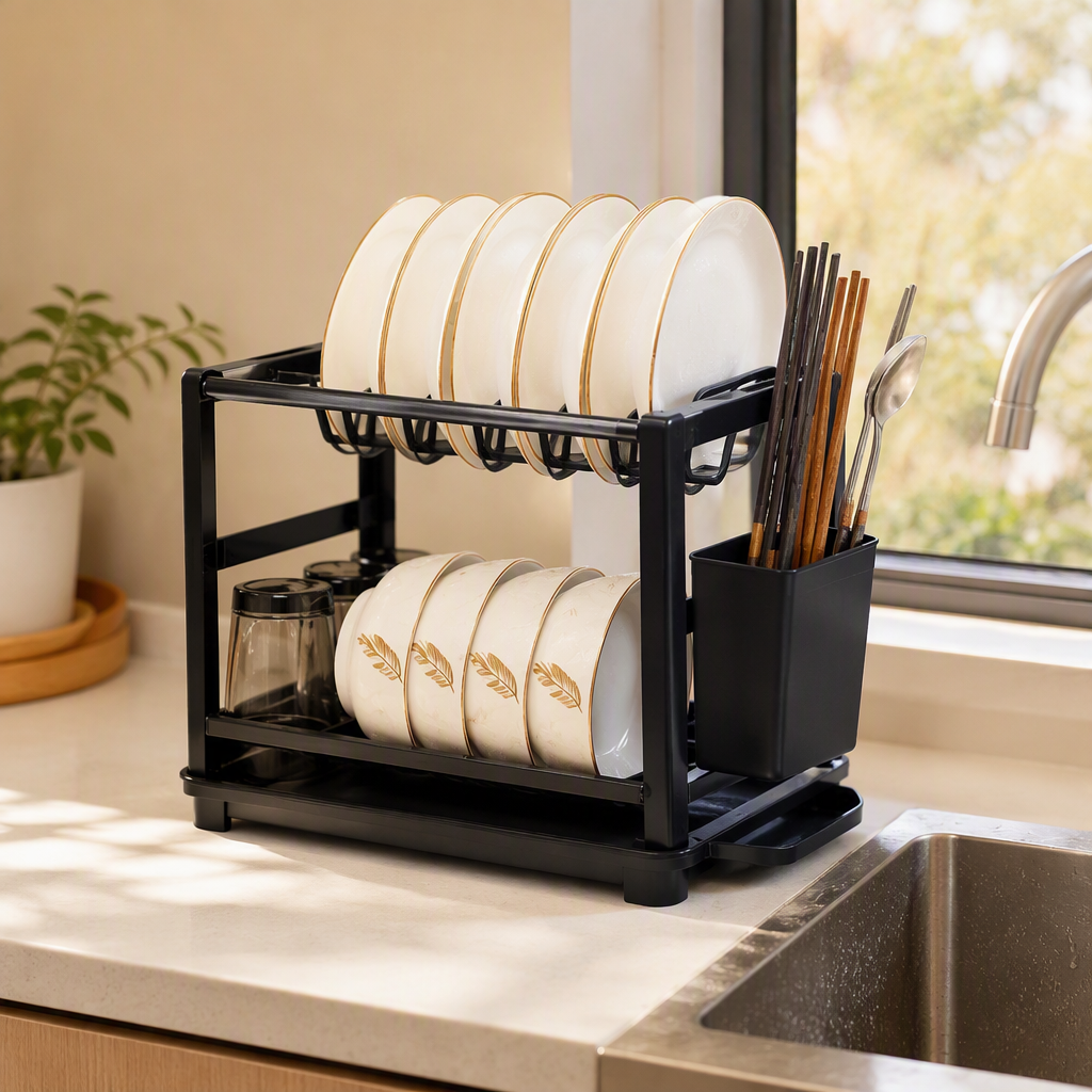 The multi-functional kitchen draining rack is designed with a double-layer structure, featuring a tableware sink, side-mounted storage for plates, bowls, knives, forks, chopsticks, and a storage rack details Picture