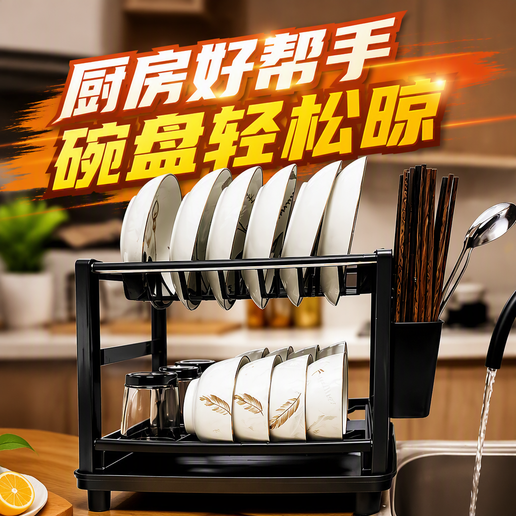 The multi-functional kitchen draining rack is designed with a double-layer structure, featuring a tableware sink, side-mounted storage for plates, bowls, knives, forks, chopsticks, and a storage rack Specification image