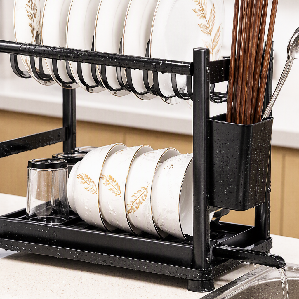 The multi-functional kitchen draining rack is designed with a double-layer structure, featuring a tableware sink, side-mounted storage for plates, bowls, knives, forks, chopsticks, and a storage rack Application Scenario
