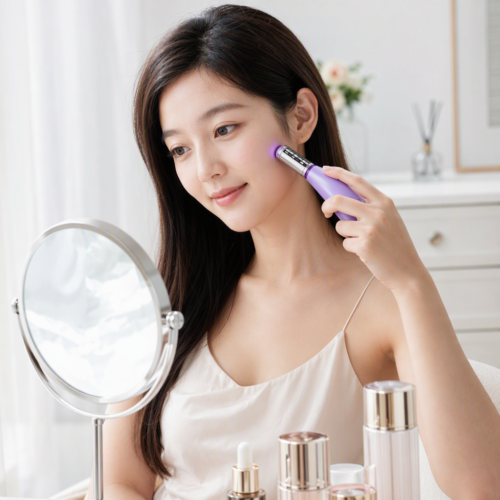 A purple handheld beauty device with a silver blade placed against a water ripple background is a smooth skin care and beauty wonder details Picture