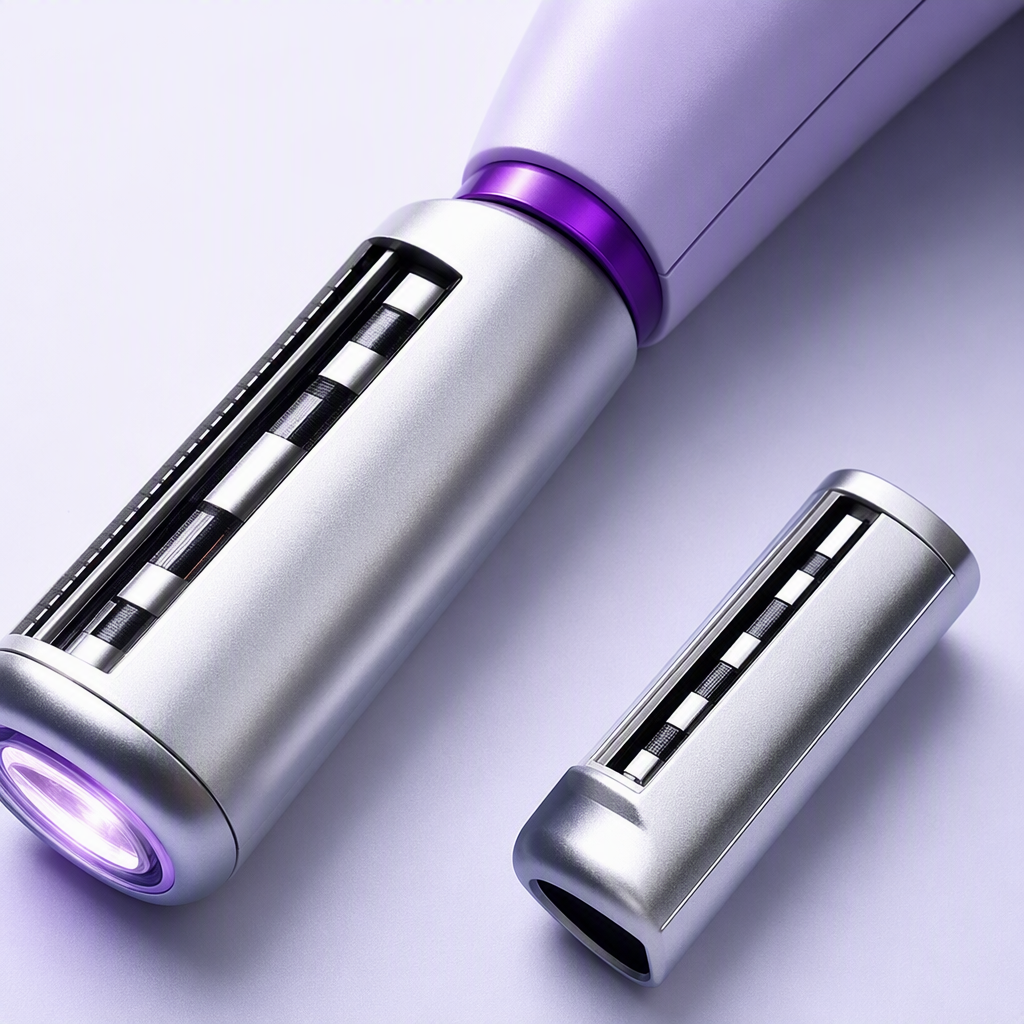 A purple handheld beauty device with a silver blade placed against a water ripple background is a smooth skin care and beauty wonder Application Scenario