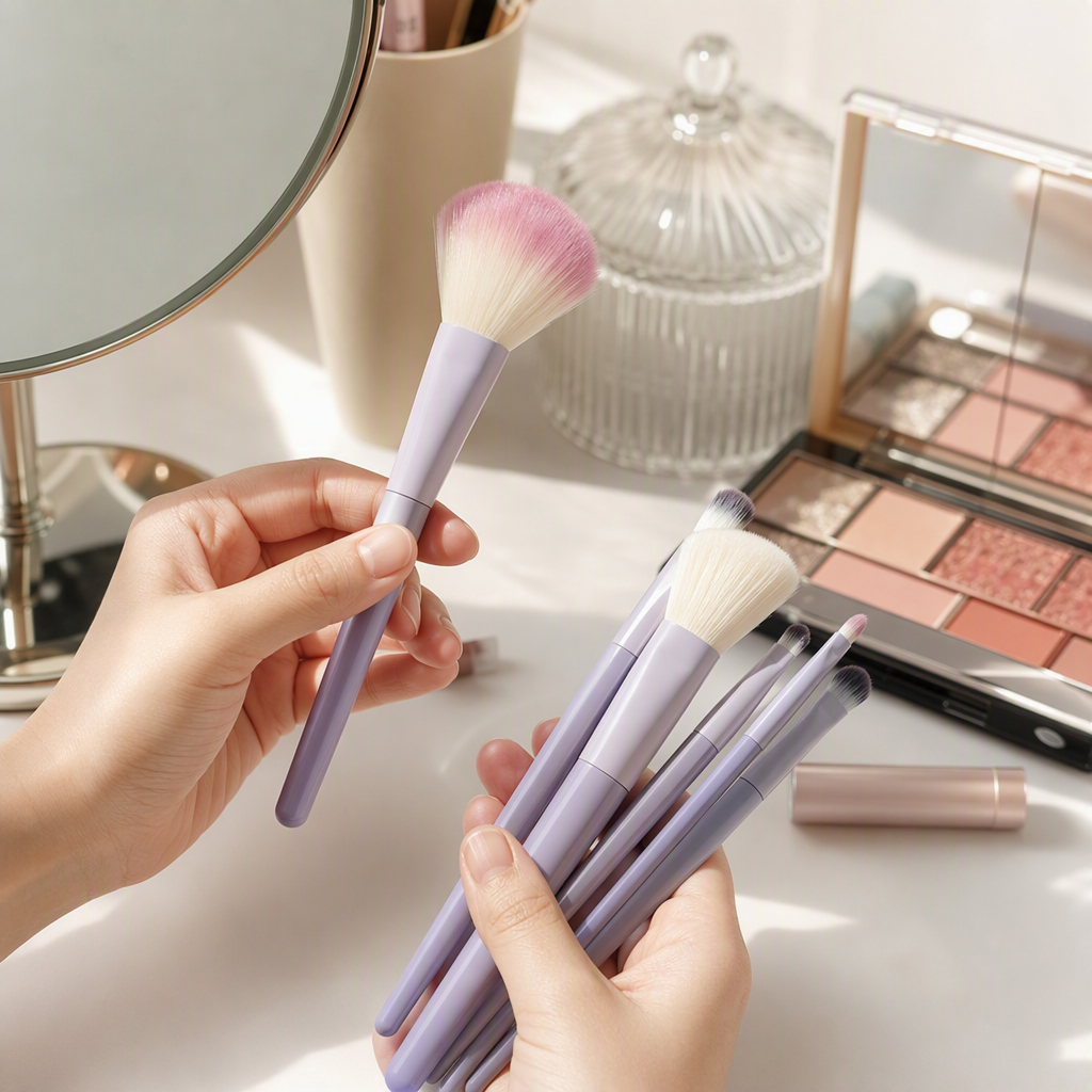 Pink packaging, purple-white gradient handle makeup brush set, multi-functional foundation, eyeshadow, blush beauty tools details Picture