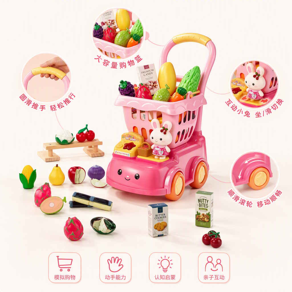 Rosa veney conejo niños carrito de compras conjunto con cara sonriente cabeza naranja ruedas amarillo mango emulación frutas y verduras caja cero conejo muñeca pasar el hogar juguetes