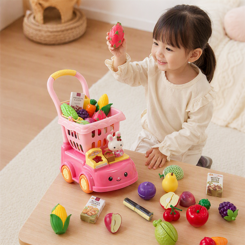 Rosa veney conejo niños carrito de compras conjunto con cara sonriente cabeza naranja ruedas amarillo mango emulación frutas y verduras caja cero conejo muñeca pasar el hogar juguetes details Picture