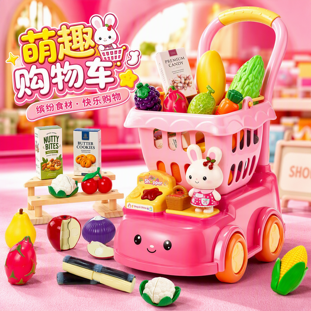 Rosa veney conejo niños carrito de compras conjunto con cara sonriente cabeza naranja ruedas amarillo mango emulación frutas y verduras caja cero conejo muñeca pasar el hogar juguetes Specification image