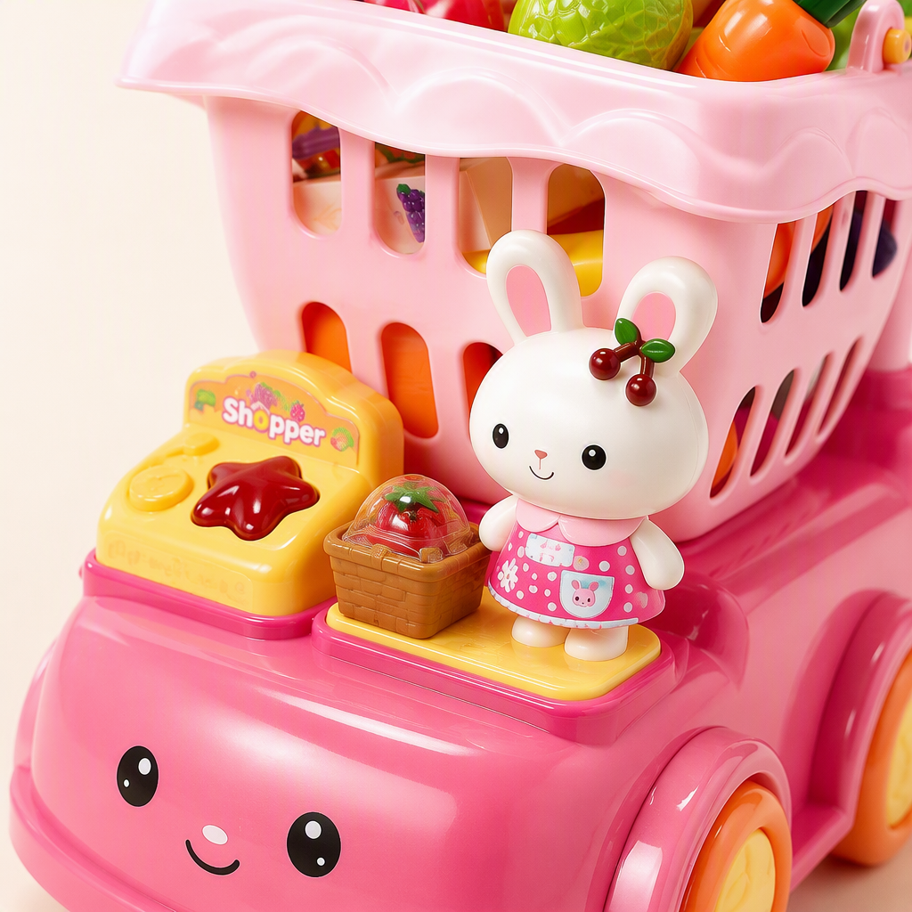 Rosa veney conejo niños carrito de compras conjunto con cara sonriente cabeza naranja ruedas amarillo mango emulación frutas y verduras caja cero conejo muñeca pasar el hogar juguetes Application Scenario