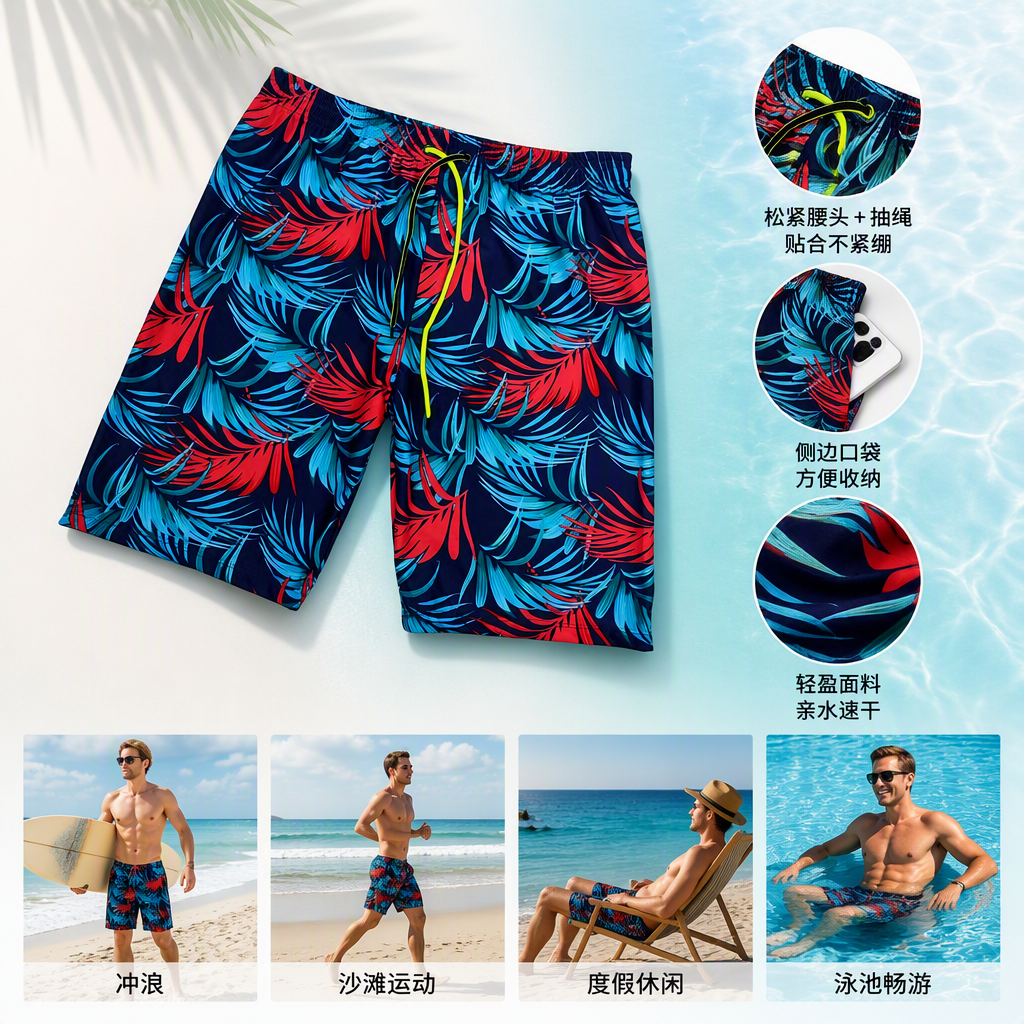 Fashionable casual shorts with tropical plant prints, loose summer men's trendy sporty capri pants in dark blue
