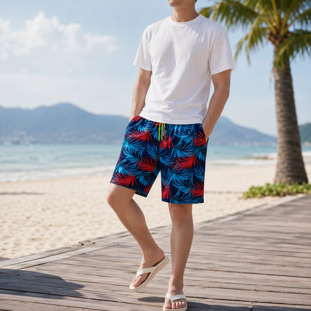 Fashionable casual shorts with tropical plant prints, loose summer men's trendy sporty capri pants in dark blue details Picture