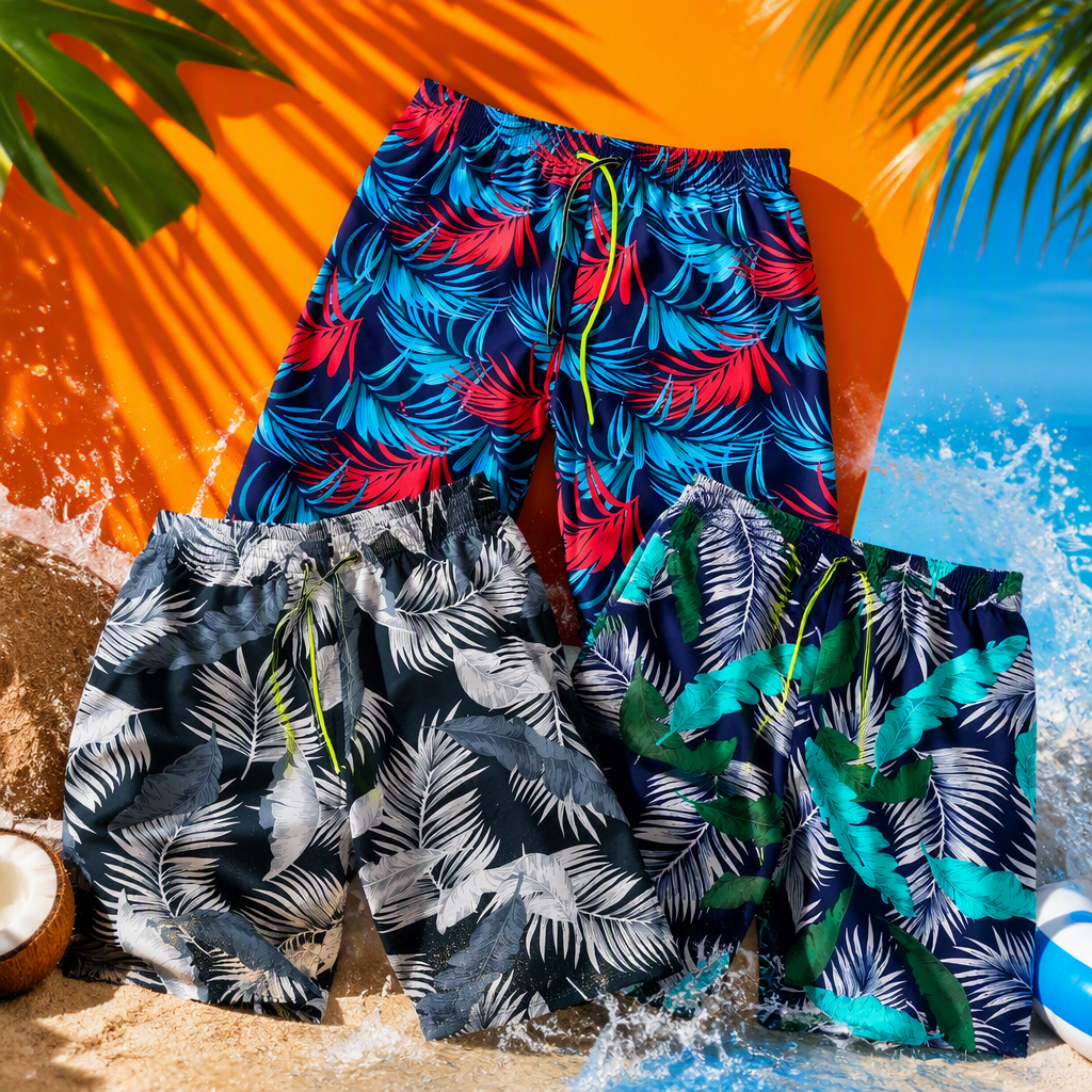Fashionable casual shorts with tropical plant prints, loose summer men's trendy sporty capri pants in dark blue Specification image